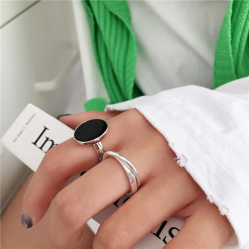 LIVVY Minimalist Fashion Oval Shaped Black Drop Glaze Silver Color Open Ring Double Temperament Jewelry Gift For Woman