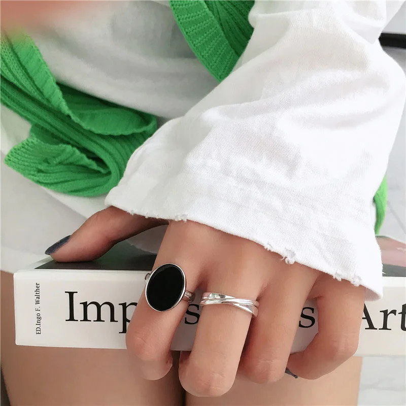 LIVVY Minimalist Fashion Oval Shaped Black Drop Glaze Silver Color Open Ring Double Temperament Jewelry Gift For Woman