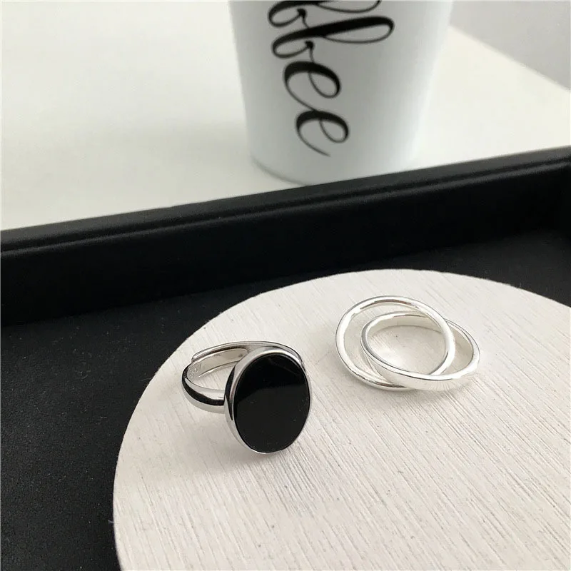 LIVVY Minimalist Fashion Oval Shaped Black Drop Glaze Silver Color Open Ring Double Temperament Jewelry Gift For Woman