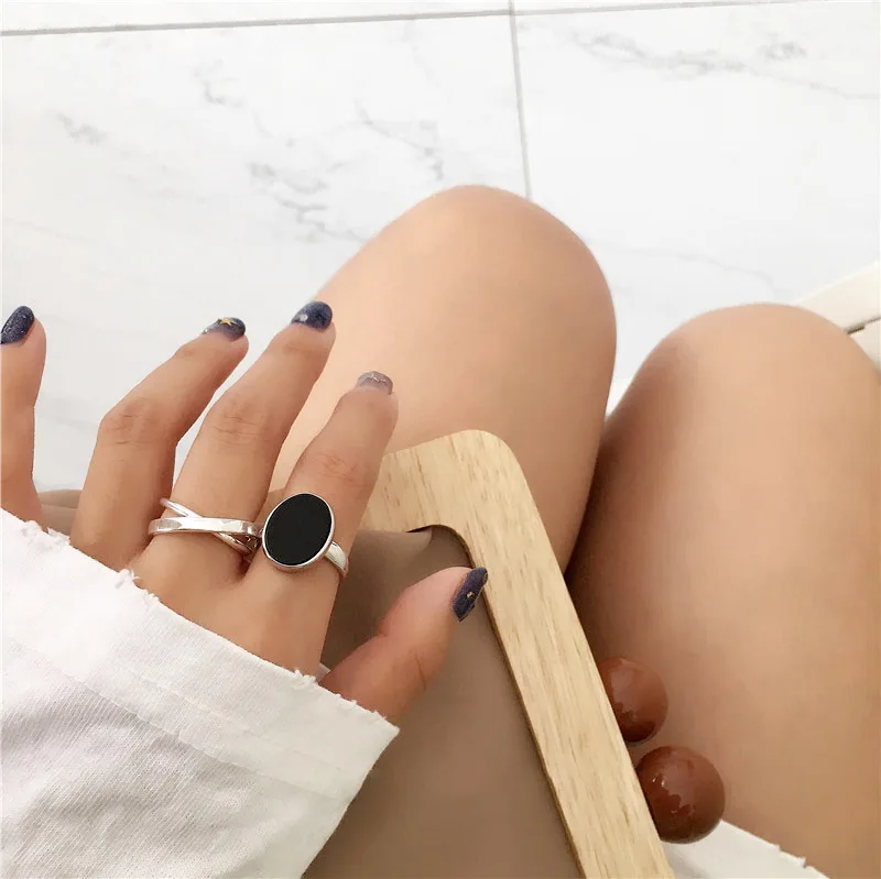 LIVVY Minimalist Fashion Oval Shaped Black Drop Glaze Silver Color Open Ring Double Temperament Jewelry Gift For Woman