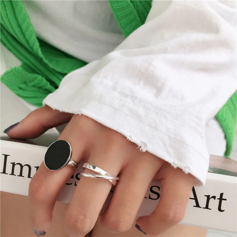 LIVVY Minimalist Fashion Oval Shaped Black Drop Glaze Silver Color Open Ring Double Temperament Jewelry Gift For Woman