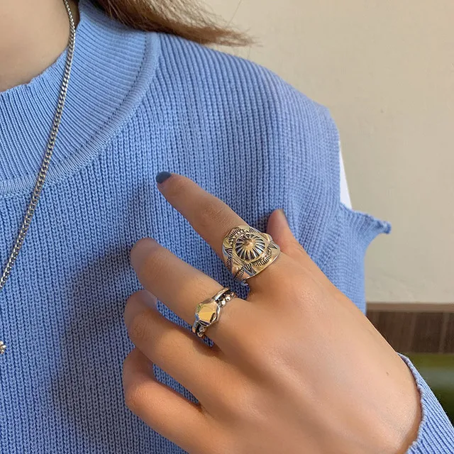 BFCLUB Silver Color Punk Hiphop Rings for Women Couples New Fashion Vintage Handmade Thai Silver Party Jewelry Gifts