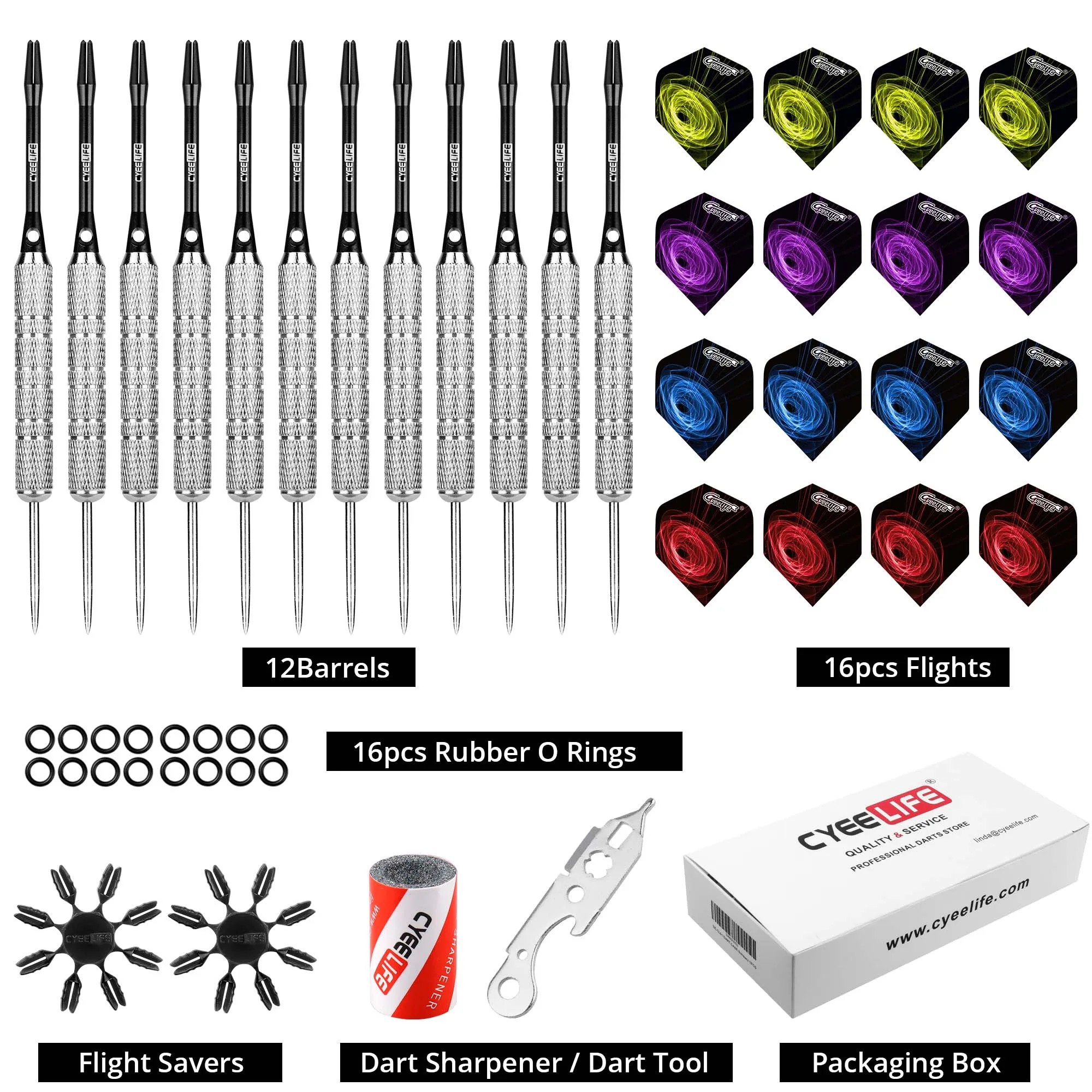CyeeLife 18/20/22/28g Darts Steel Pet tail, aluminum rod, 50pcs rubber ring, 3pcs tail protector, grindstone, 12PCS/set