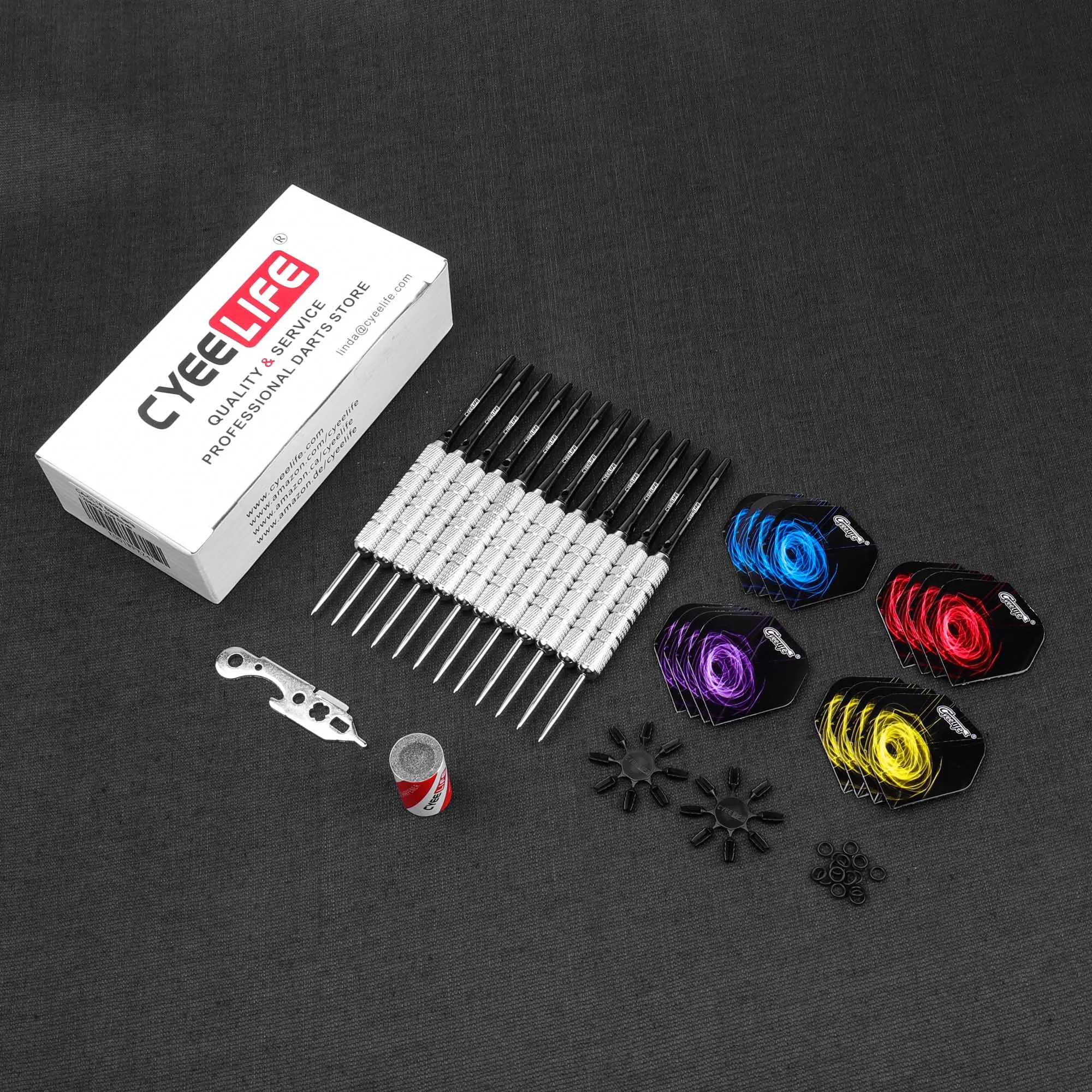 CyeeLife 18/20/22/28g Darts Steel Pet tail, aluminum rod, 50pcs rubber ring, 3pcs tail protector, grindstone, 12PCS/set