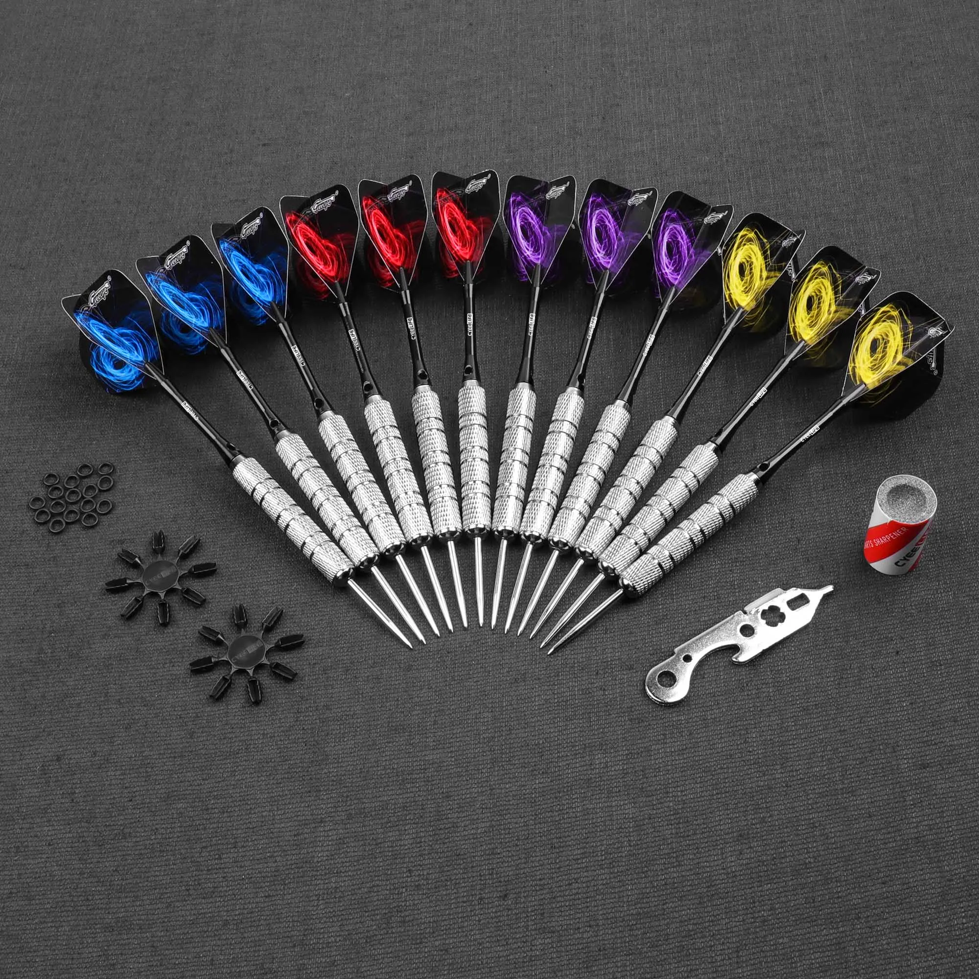 CyeeLife 18/20/22/28g Darts Steel Pet tail, aluminum rod, 50pcs rubber ring, 3pcs tail protector, grindstone, 12PCS/set