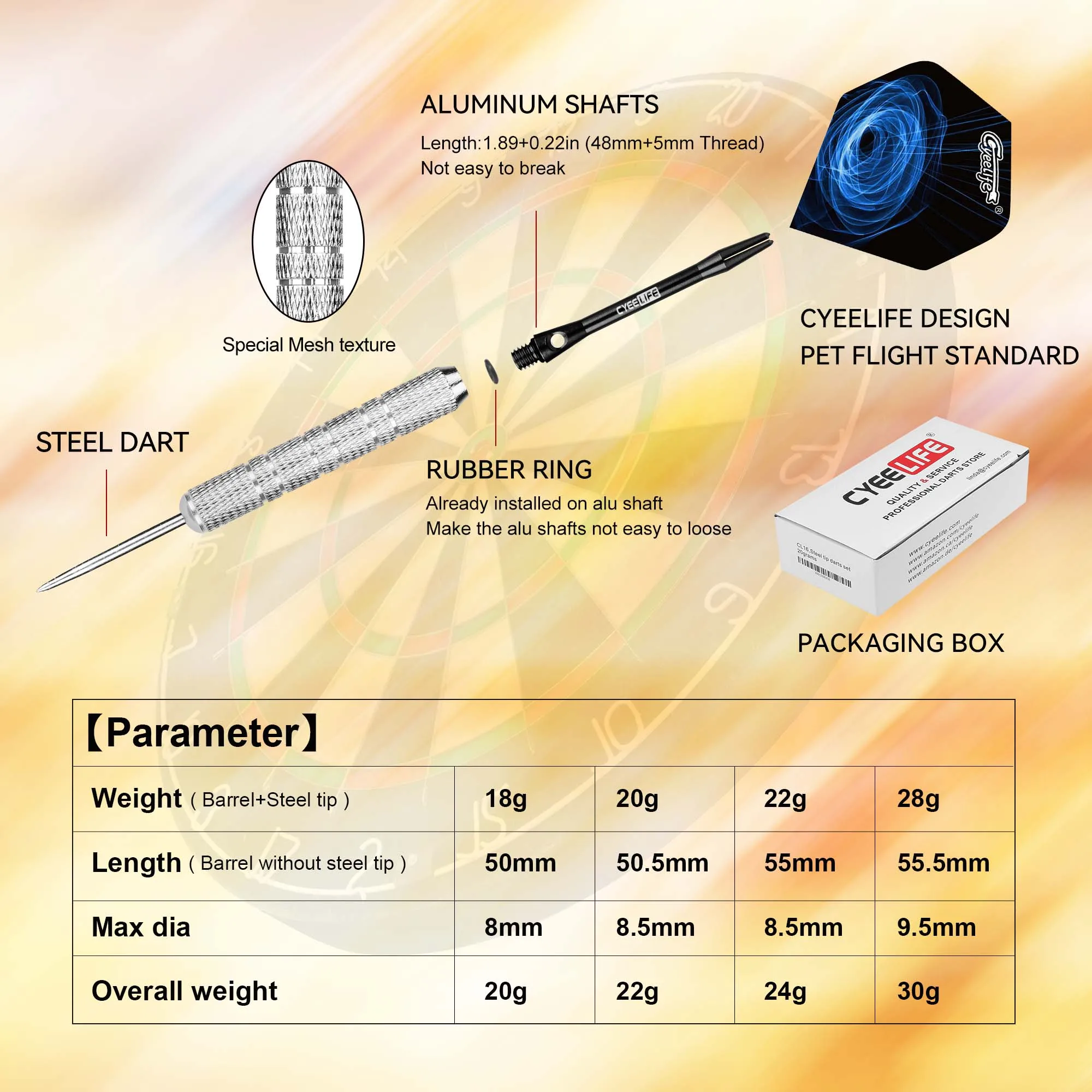CyeeLife 18/20/22/28g Darts Steel Pet tail, aluminum rod, 50pcs rubber ring, 3pcs tail protector, grindstone, 12PCS/set