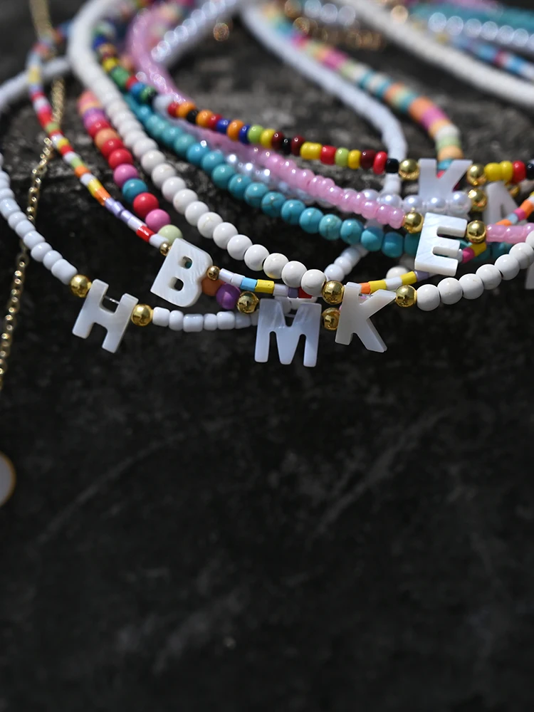 Bohemia Beaded Choker Necklace for Women Initial 26 Letters Pendant Chain Necklace Fashion Shell Pearl Jewelry Boho Accessories