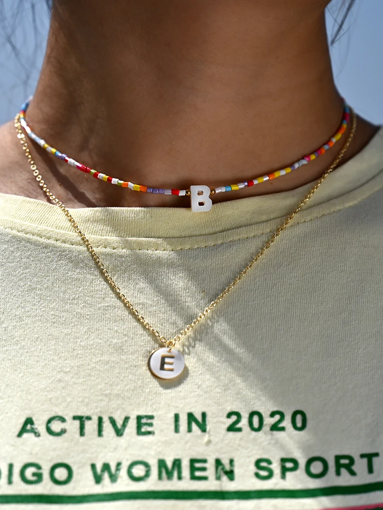 Bohemia Beaded Choker Necklace for Women Initial 26 Letters Pendant Chain Necklace Fashion Shell Pearl Jewelry Boho Accessories