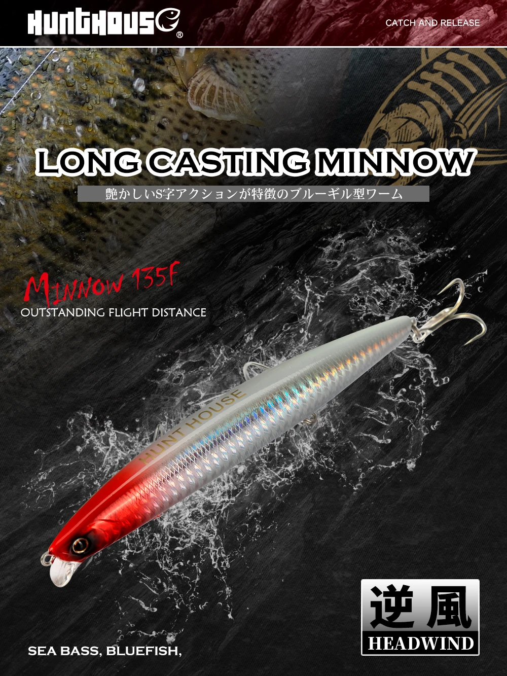 Hunthouse Tungsten Minnow Fishing Lure 135mm 21g Dynamic Balance Casting System Floating Wobblers Bait For Bass Blue Fish LW430