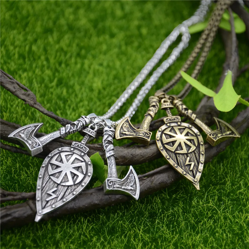 Slavic Kolovrat Sword Shield Odin Raven Axe Amulet Pendant Viking Talisman Runes Jewelery Necklace For Men Women