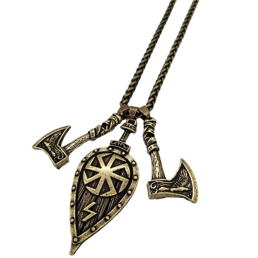Slavic Kolovrat Sword Shield Odin Raven Axe Amulet Pendant Viking Talisman Runes Jewelery Necklace For Men Women