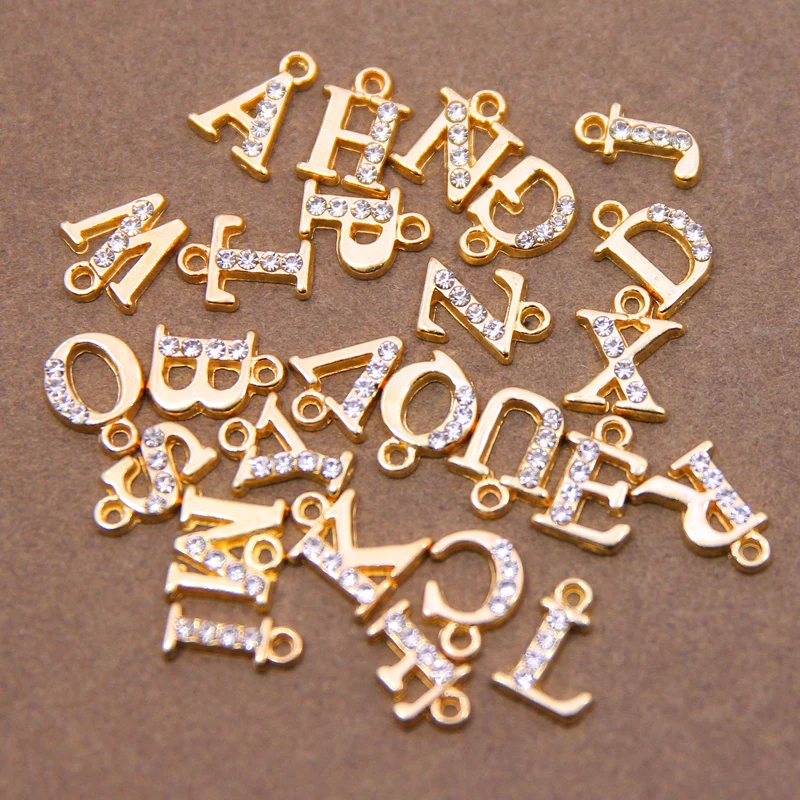 10/26pcs 13*10mm Alloy inlaid rhinestones 26 Letter Charms Pendants for Women Necklace earring jewelry accessories model
