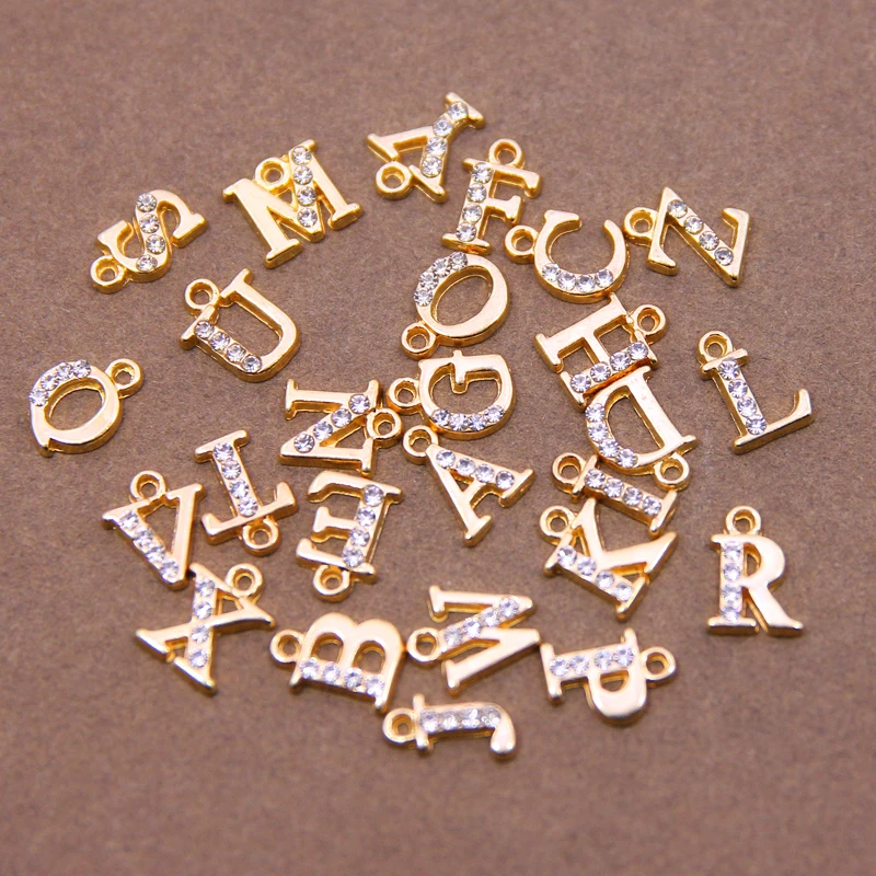 10/26pcs 13*10mm Alloy inlaid rhinestones 26 Letter Charms Pendants for Women Necklace earring jewelry accessories model