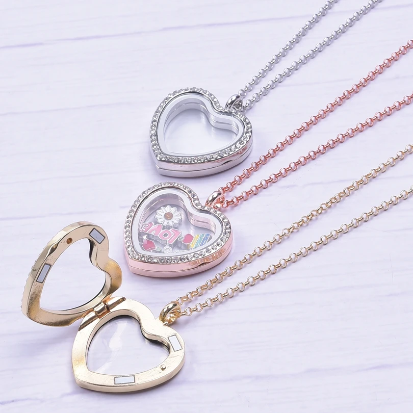 Heart Locket Pendant Necklace For Women Men Accessories Rhinestone Floating Lockets Charm Necklaces Fashion Jewelry Gift 3 Color