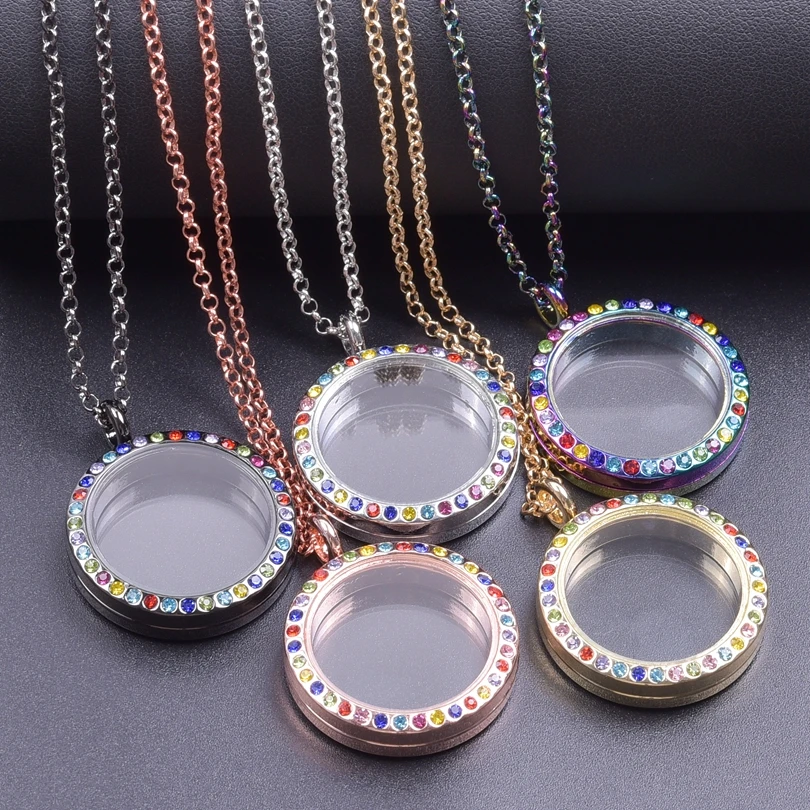 Heart Locket Pendant Necklace For Women Men Accessories Rhinestone Floating Lockets Charm Necklaces Fashion Jewelry Gift 3 Color
