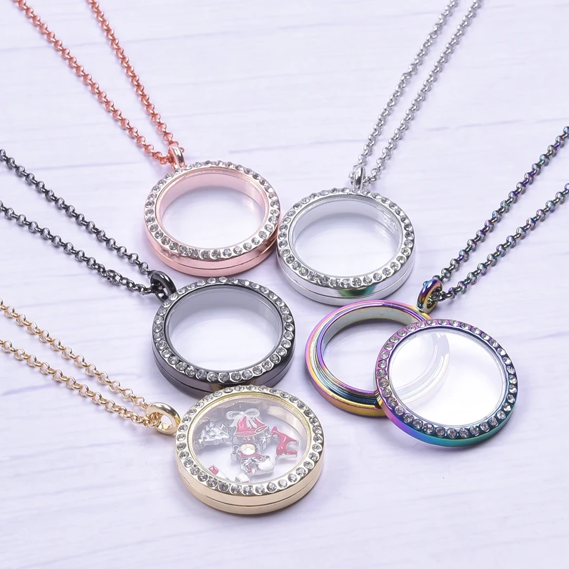 Heart Locket Pendant Necklace For Women Men Accessories Rhinestone Floating Lockets Charm Necklaces Fashion Jewelry Gift 3 Color