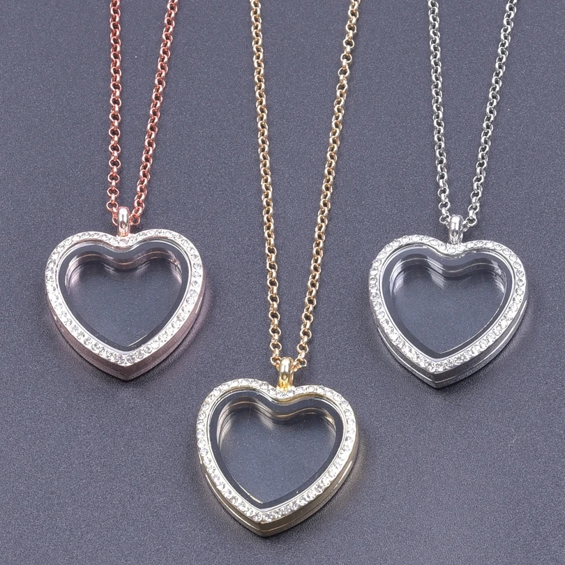Heart Locket Pendant Necklace For Women Men Accessories Rhinestone Floating Lockets Charm Necklaces Fashion Jewelry Gift 3 Color