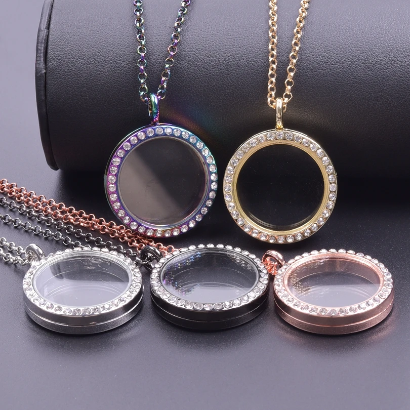 Heart Locket Pendant Necklace For Women Men Accessories Rhinestone Floating Lockets Charm Necklaces Fashion Jewelry Gift 3 Color
