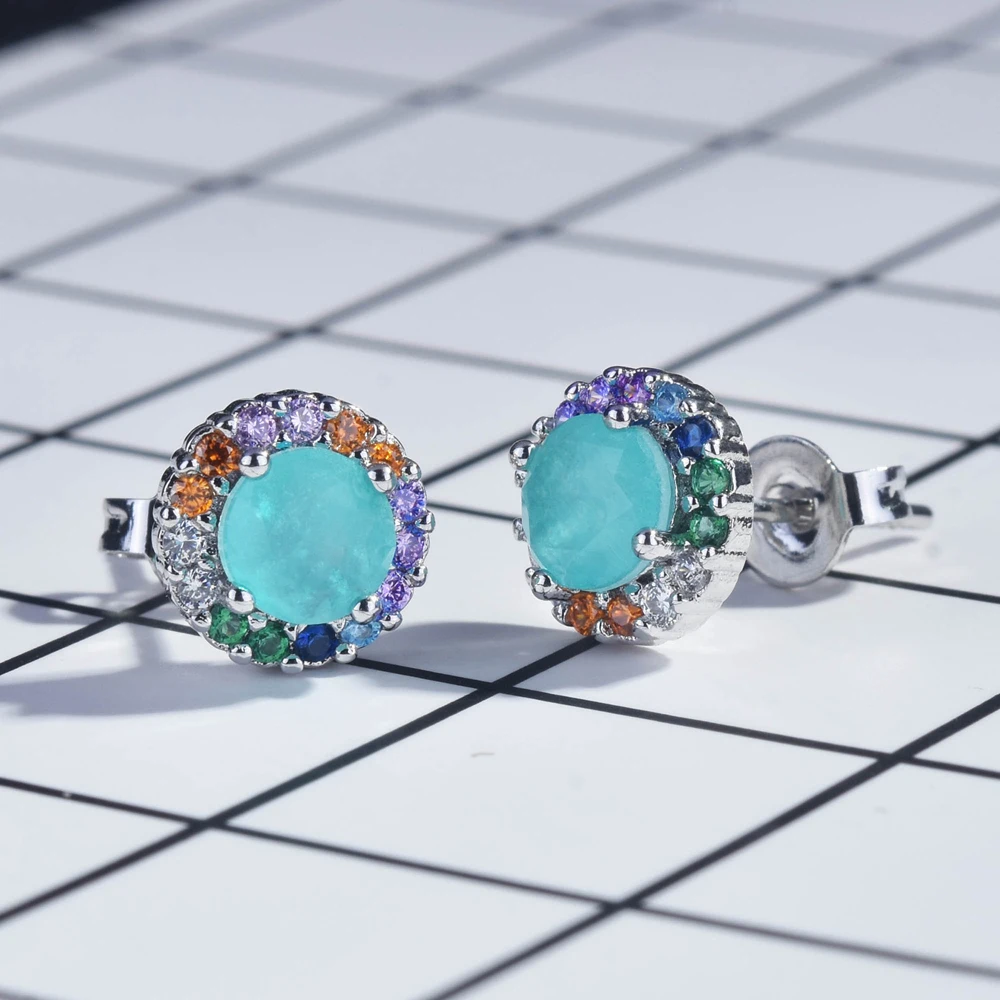 925 Sterling Silver Earrings 10*10mm Paraiba Tourmaline Gemstone Round Stud Earrings Jewelry For Women Jewelry Anniversary Gift
