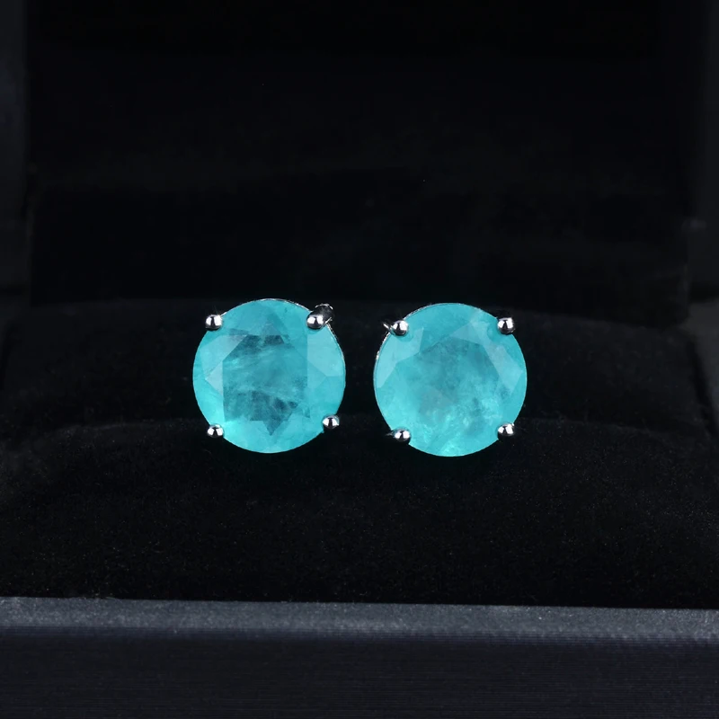 925 Sterling Silver Earrings 10*10mm Paraiba Tourmaline Gemstone Round Stud Earrings Jewelry For Women Jewelry Anniversary Gift