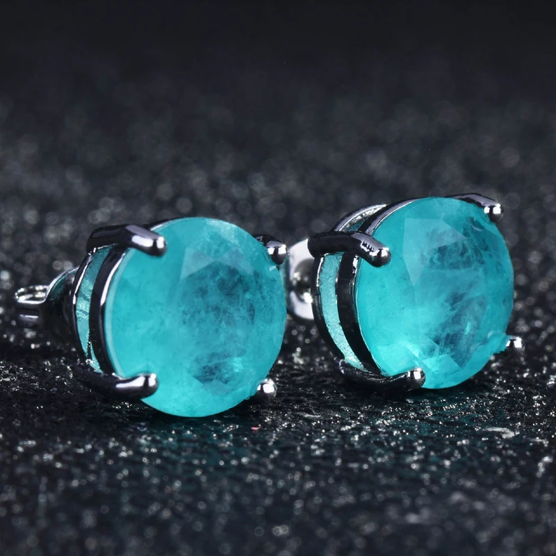925 Sterling Silver Earrings 10*10mm Paraiba Tourmaline Gemstone Round Stud Earrings Jewelry For Women Jewelry Anniversary Gift