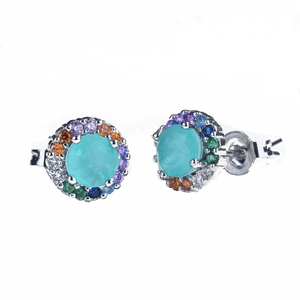 925 Sterling Silver Earrings 10*10mm Paraiba Tourmaline Gemstone Round Stud Earrings Jewelry For Women Jewelry Anniversary Gift