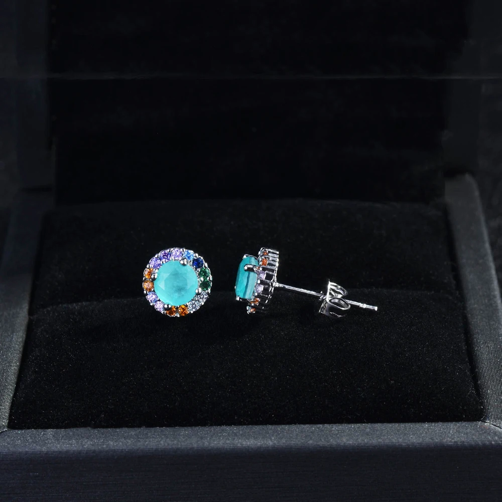925 Sterling Silver Earrings 10*10mm Paraiba Tourmaline Gemstone Round Stud Earrings Jewelry For Women Jewelry Anniversary Gift
