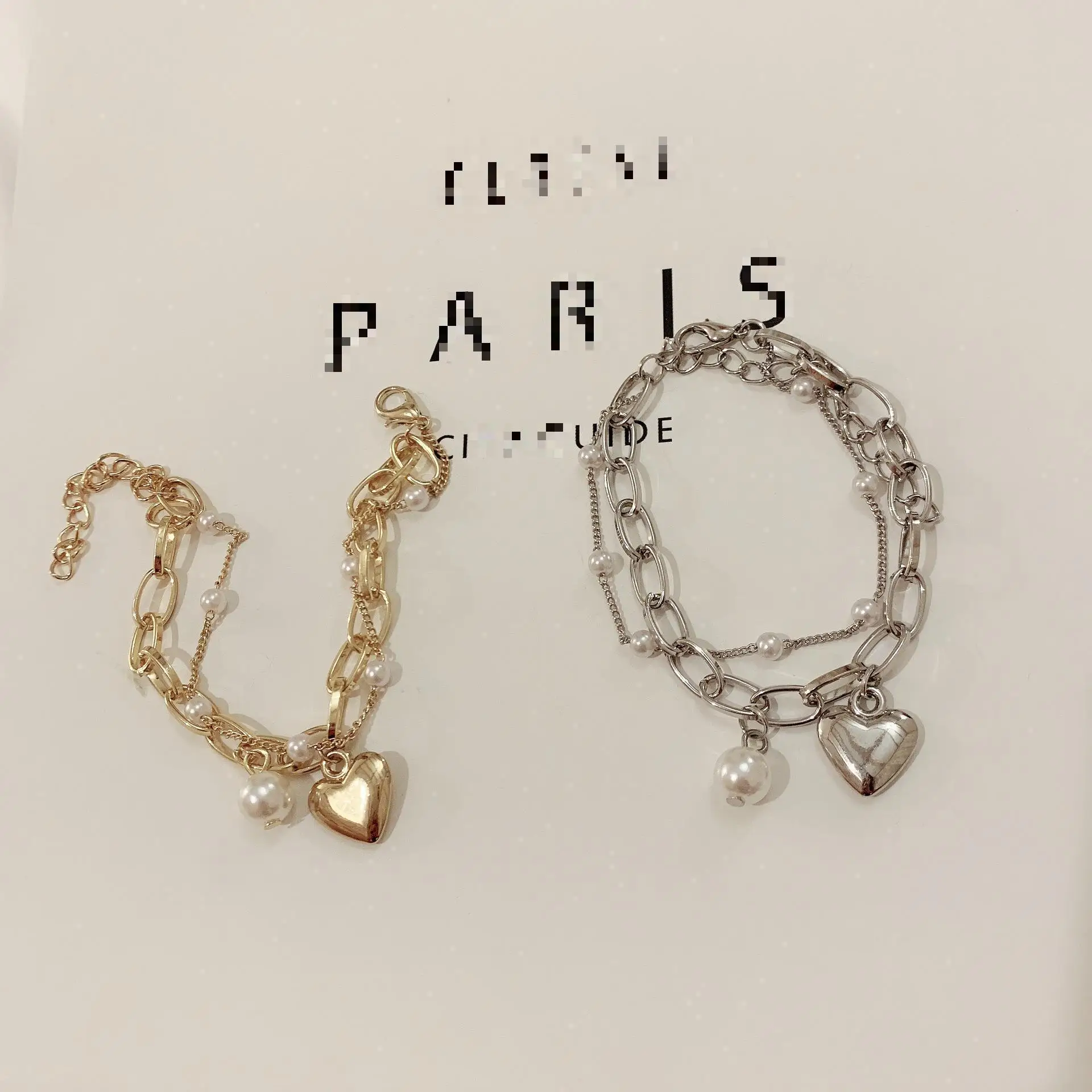 Fashion Chain Love Pearl Double Bracelet Temperament Peach Heart Pendant Bracelet Female College Student Jewelry Pulsera