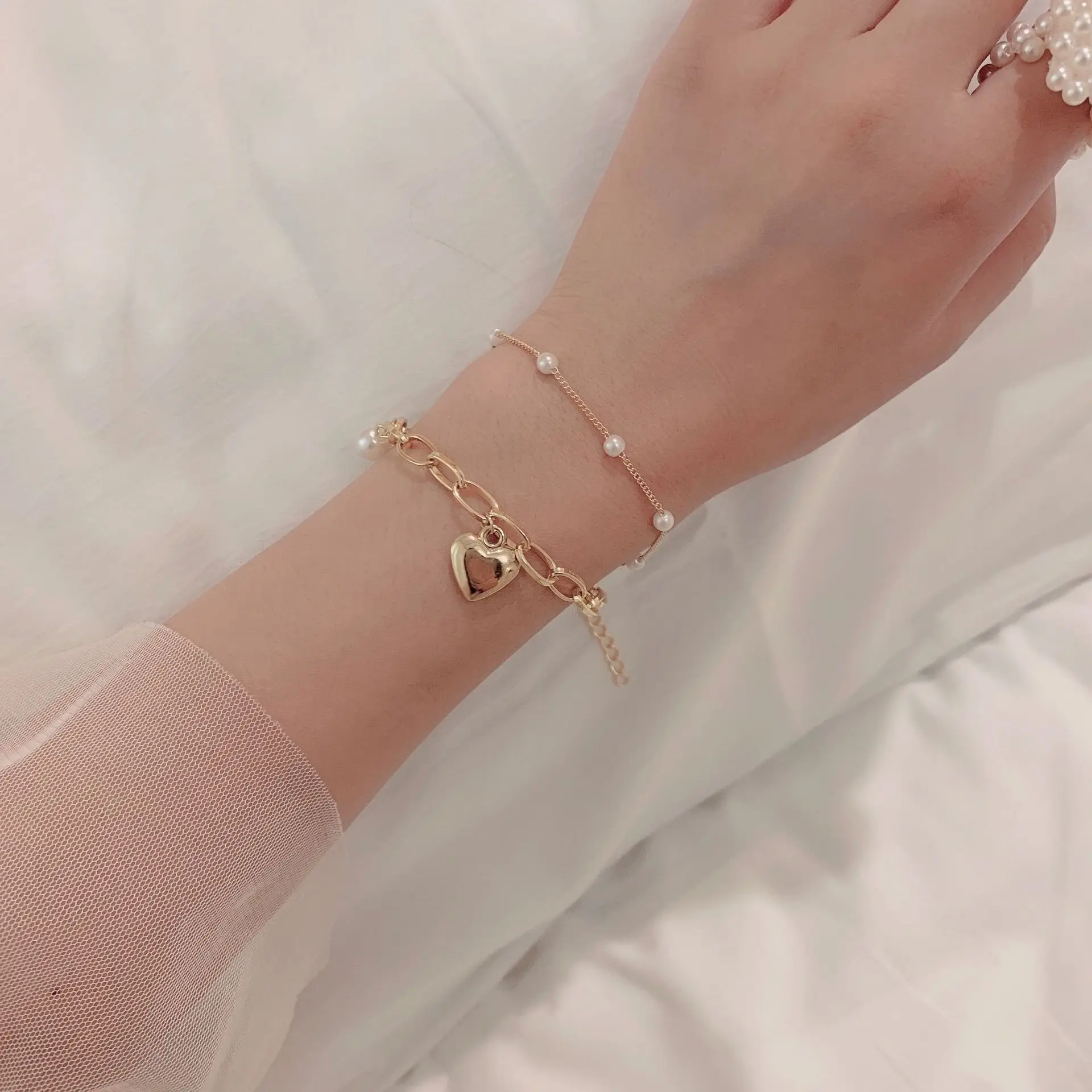 Fashion Chain Love Pearl Double Bracelet Temperament Peach Heart Pendant Bracelet Female College Student Jewelry Pulsera