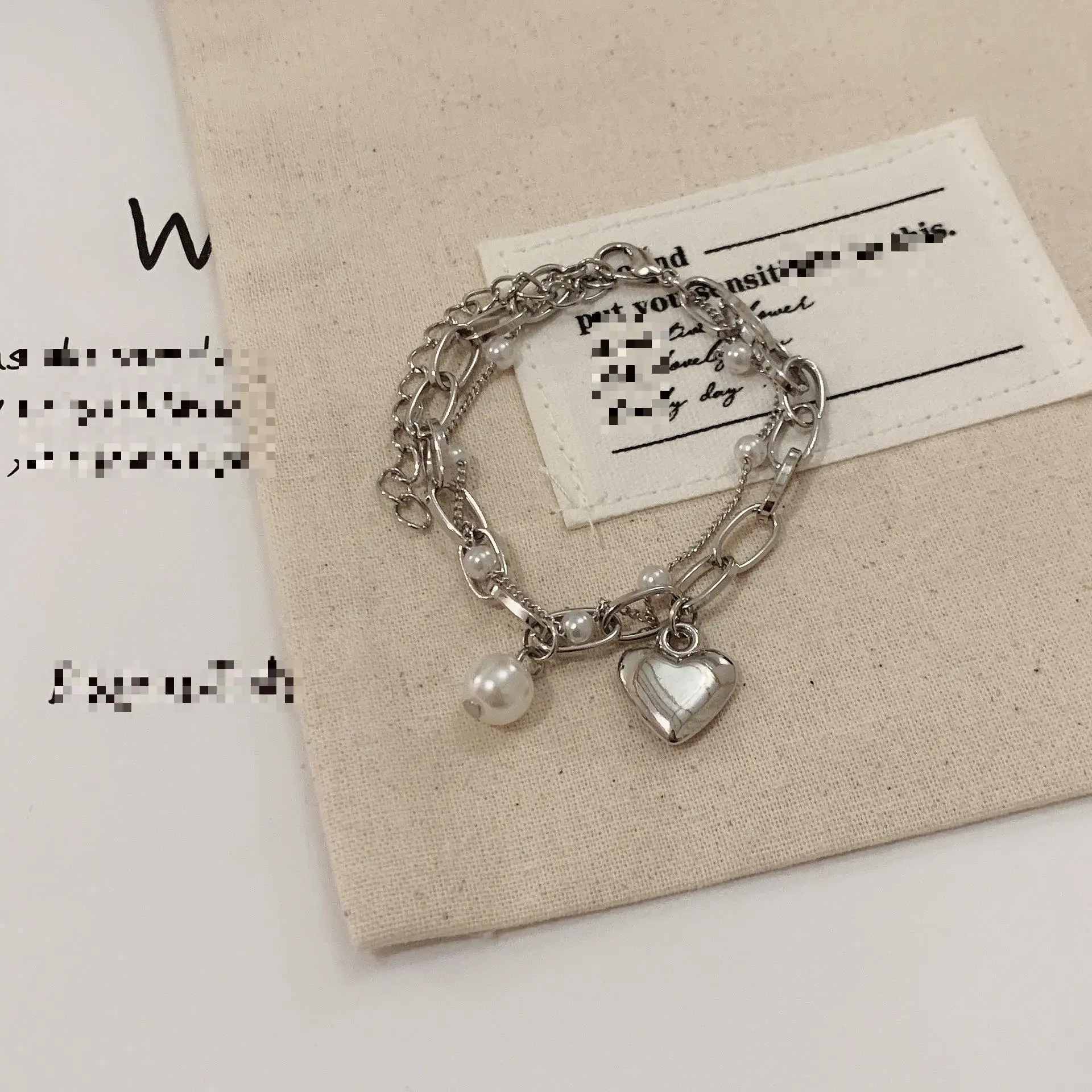 Fashion Chain Love Pearl Double Bracelet Temperament Peach Heart Pendant Bracelet Female College Student Jewelry Pulsera