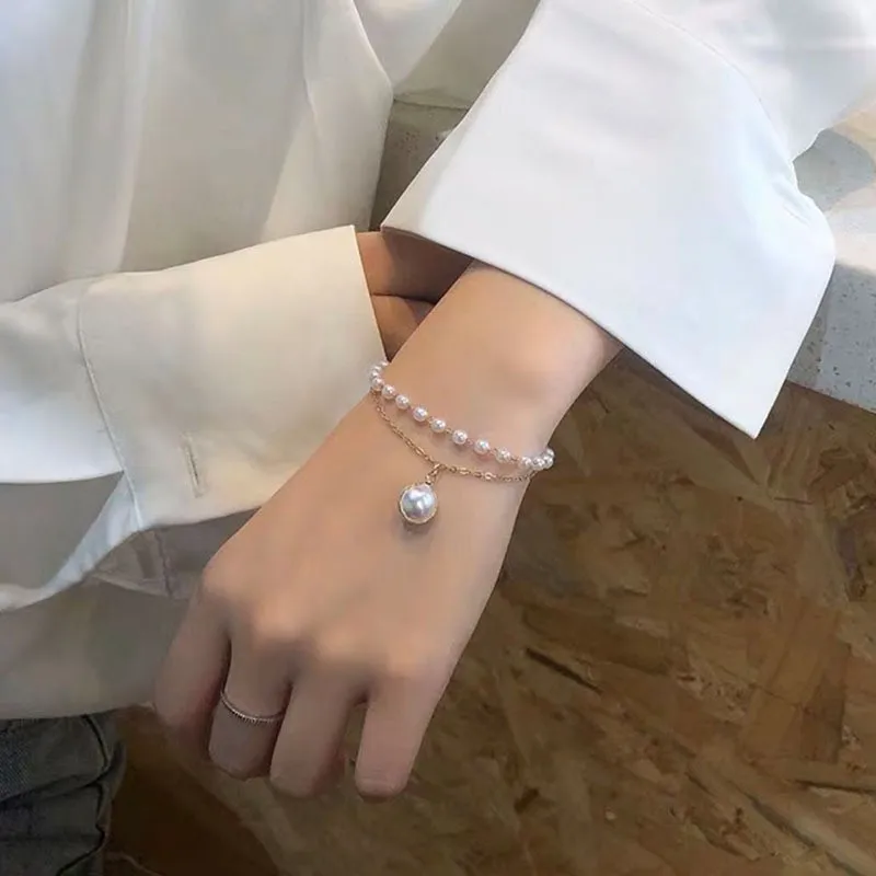 Fashion Chain Love Pearl Double Bracelet Temperament Peach Heart Pendant Bracelet Female College Student Jewelry Pulsera