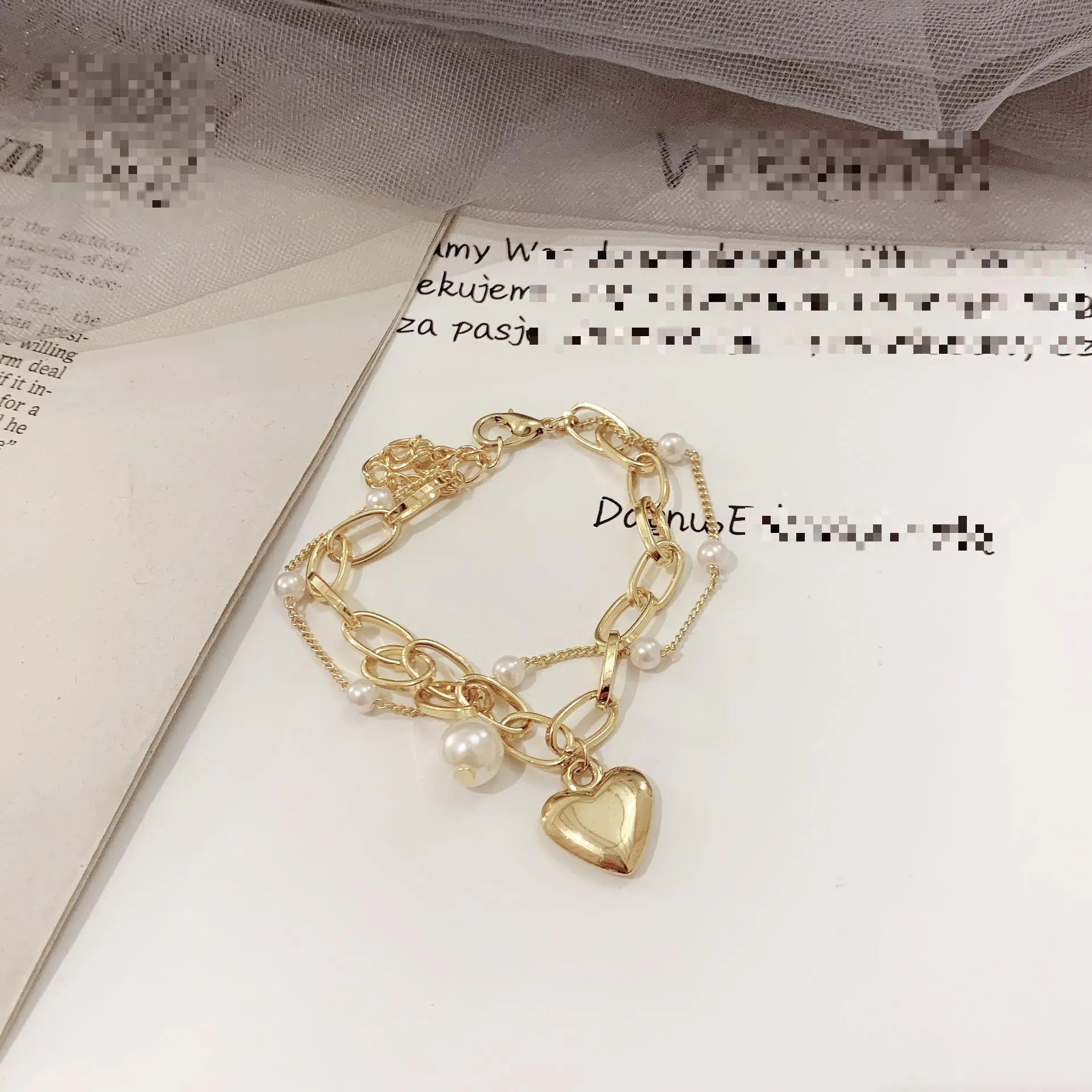 Fashion Chain Love Pearl Double Bracelet Temperament Peach Heart Pendant Bracelet Female College Student Jewelry Pulsera