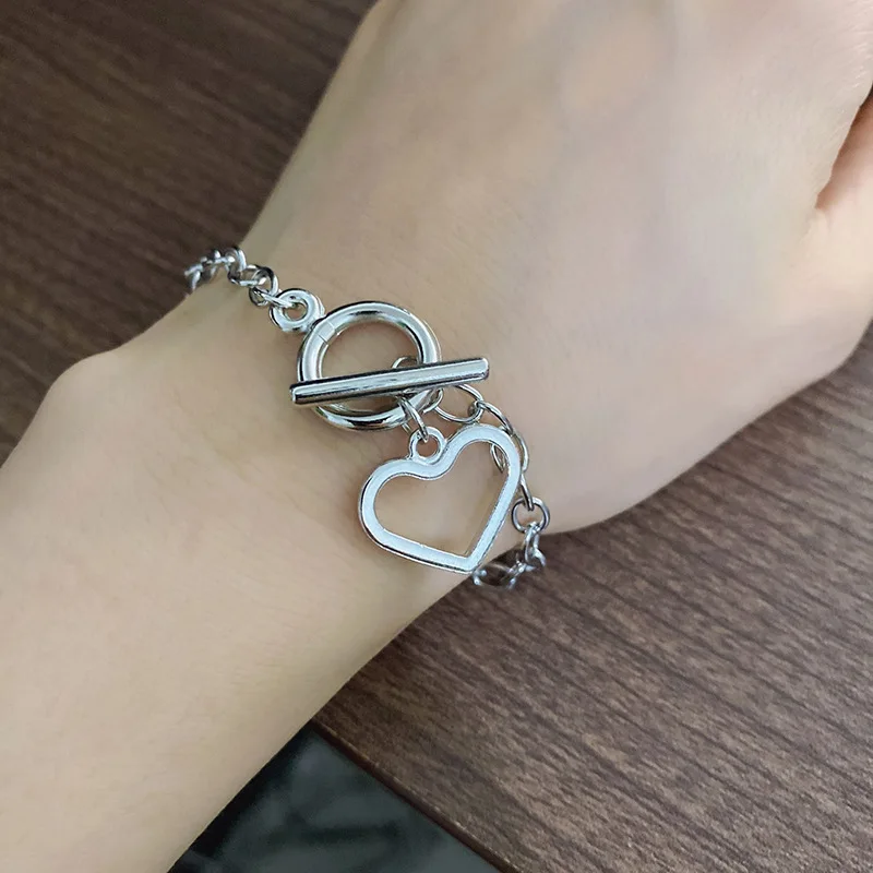 Fashion Chain Love Pearl Double Bracelet Temperament Peach Heart Pendant Bracelet Female College Student Jewelry Pulsera