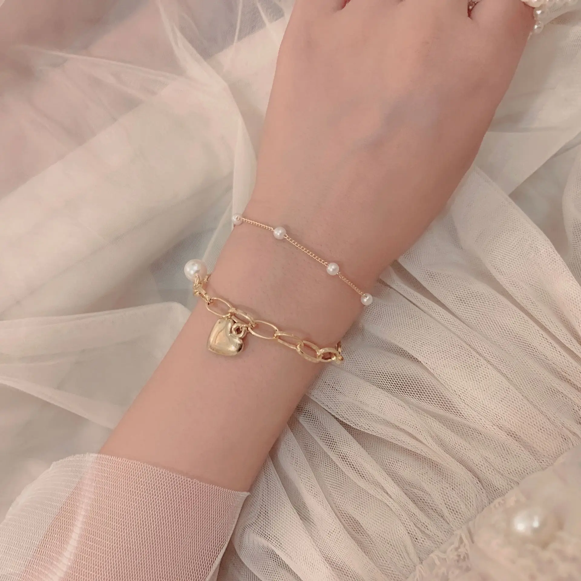 Fashion Chain Love Pearl Double Bracelet Temperament Peach Heart Pendant Bracelet Female College Student Jewelry Pulsera