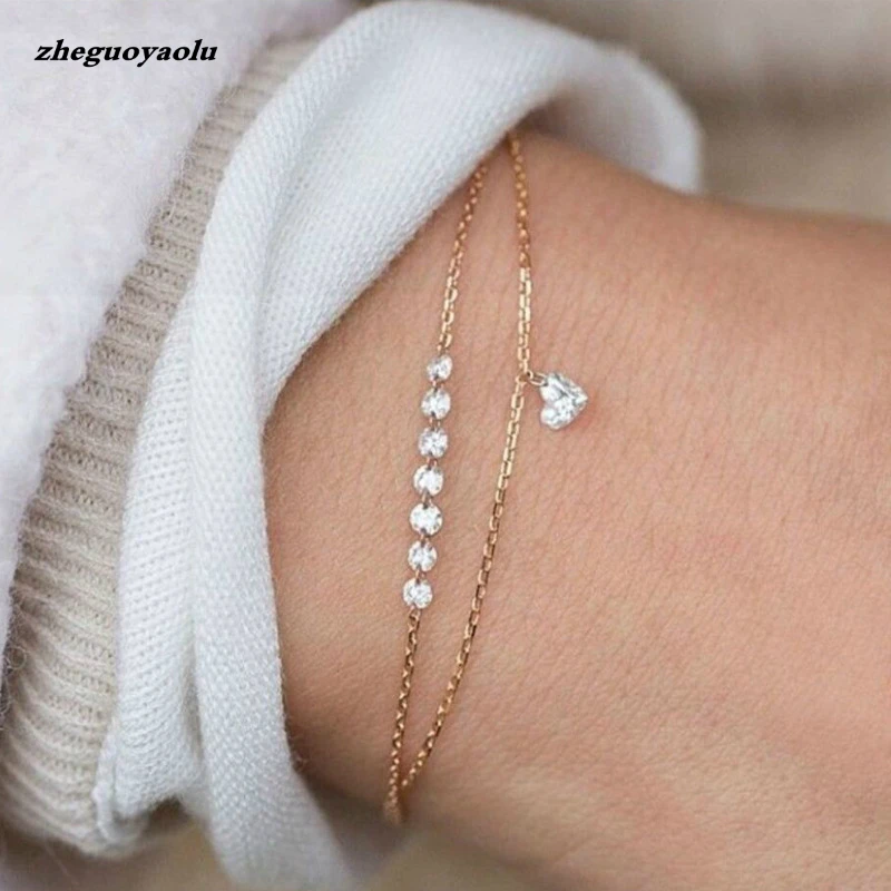 Fashion Chain Love Pearl Double Bracelet Temperament Peach Heart Pendant Bracelet Female College Student Jewelry Pulsera