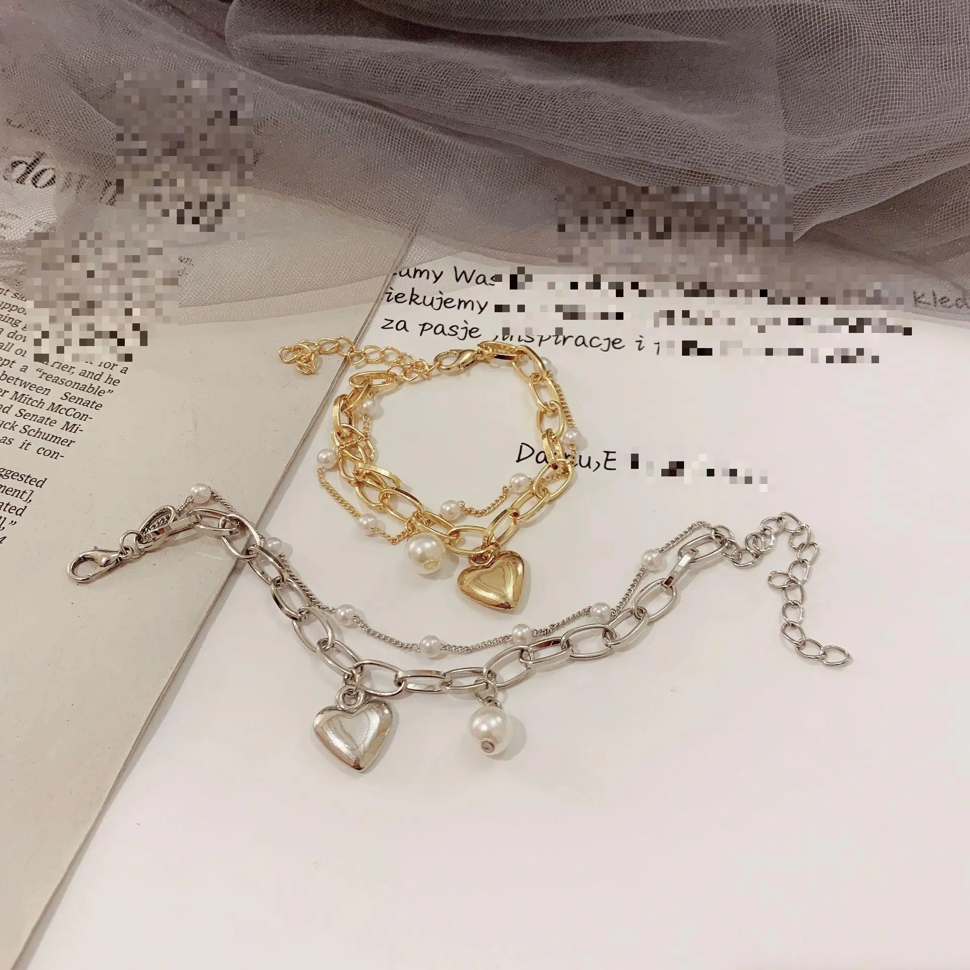 Fashion Chain Love Pearl Double Bracelet Temperament Peach Heart Pendant Bracelet Female College Student Jewelry Pulsera