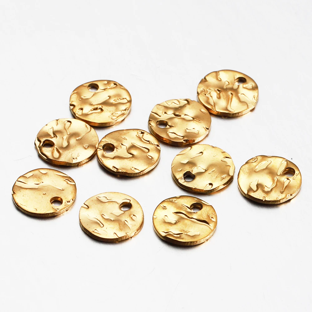 10pcs Gold Color Stainless Steel 8-12mm Round Hammered Charms Earrings Pendant for DIY Earring Jewelry Making Findings Supplies