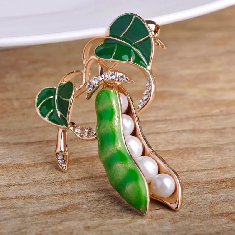 Enamel Green Pea Brooches For Women Gold-color Crystal Simulated Pearls Corsages Men Kids Sweater Suit Accessories Pins