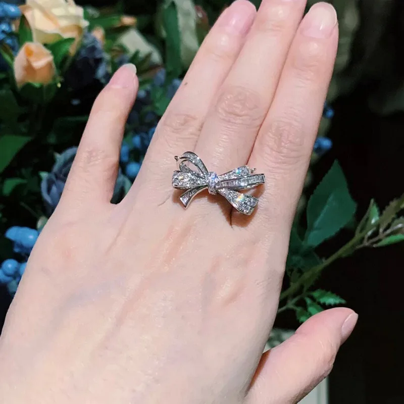 925 silver sweet and romantic full diamond bow ring female fashion temperament wild bow girl ring party birthday gift