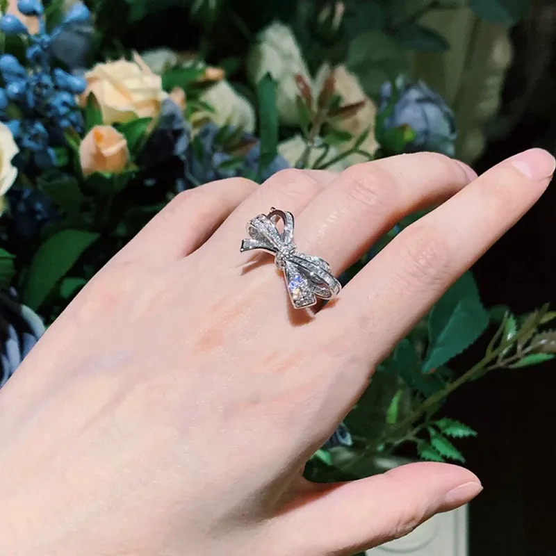 925 silver sweet and romantic full diamond bow ring female fashion temperament wild bow girl ring party birthday gift