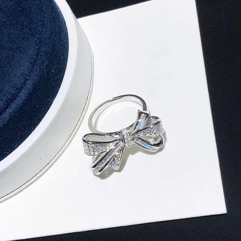 925 silver sweet and romantic full diamond bow ring female fashion temperament wild bow girl ring party birthday gift