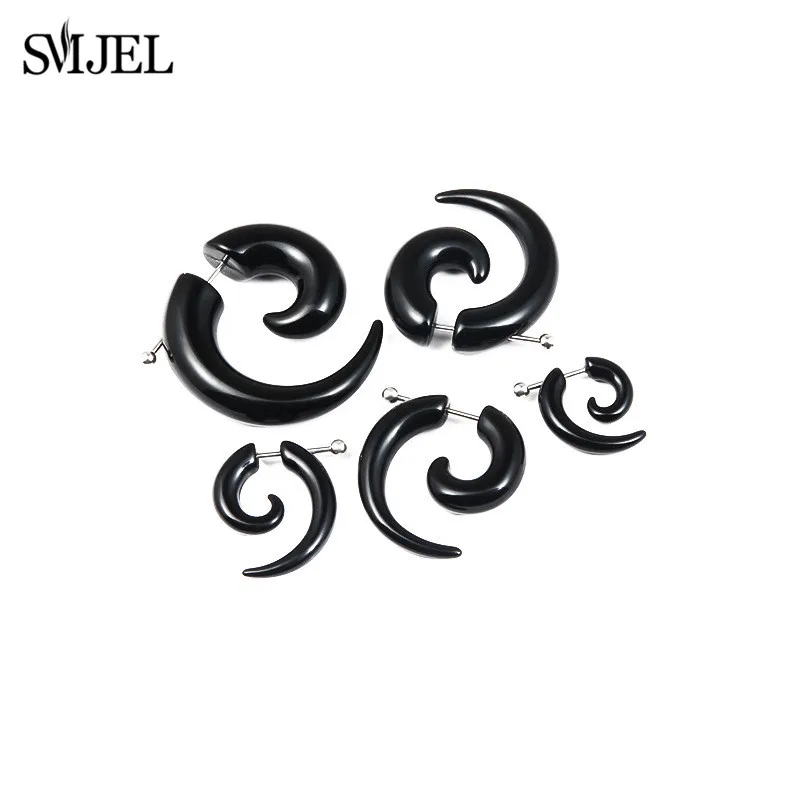 Punk Acrylic Black Bull Horn Shape Earrings for Women Men Personality Snail Studs Tribal Spiral Earing Piercings Hip-Hop Jewelry