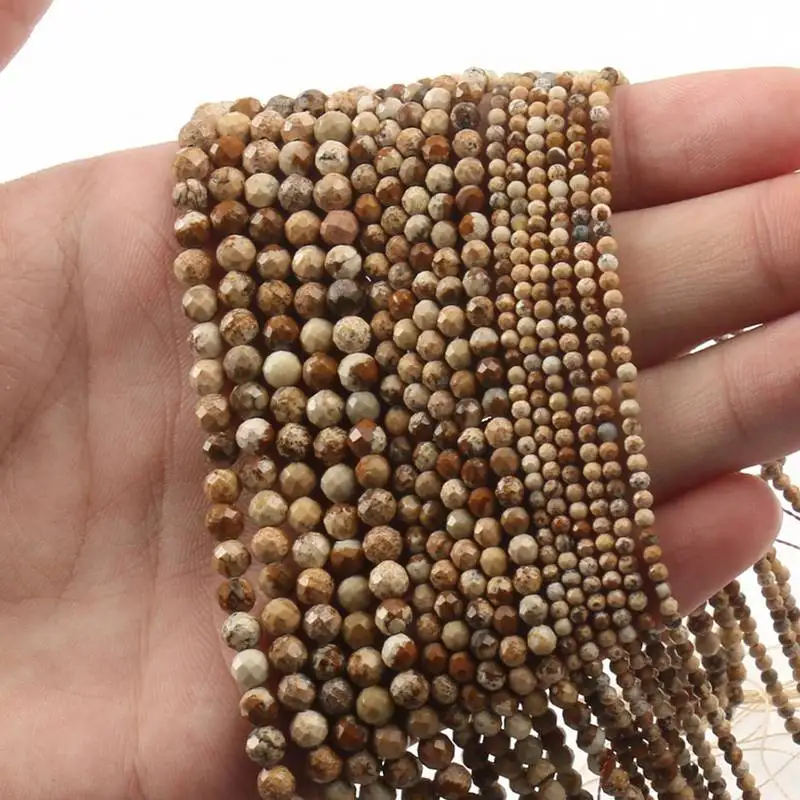 Natural Stone Faceted Picture Jasper Round Loose Spacer Beads for Diy Bracelet Necklace Jewelry Making Wholesale 2 3 4mm 15''