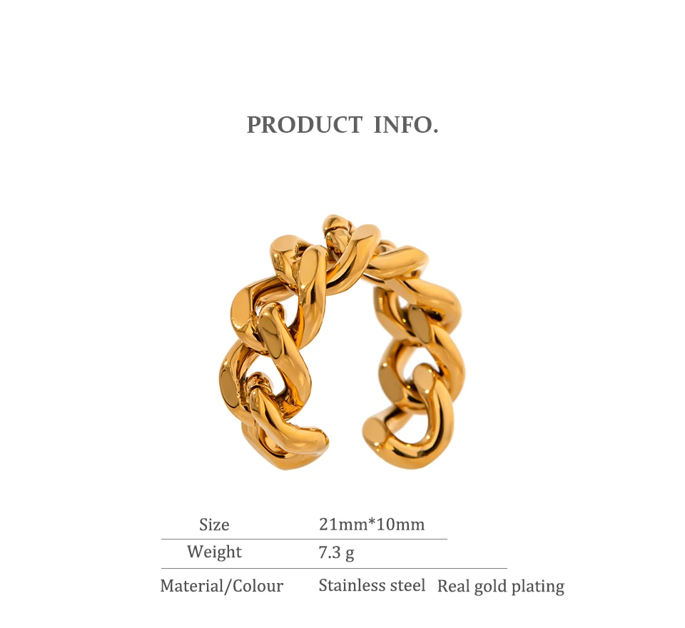 Yhpup Trendy Chain Opening Ring Stainless Steel Jewelry Statement Golden Metal Texture High Quality Finger Anillos Mujer New