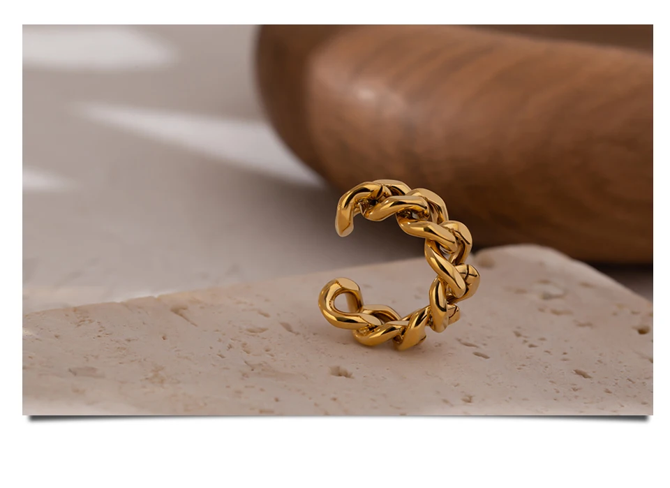 Yhpup Trendy Chain Opening Ring Stainless Steel Jewelry Statement Golden Metal Texture High Quality Finger Anillos Mujer New