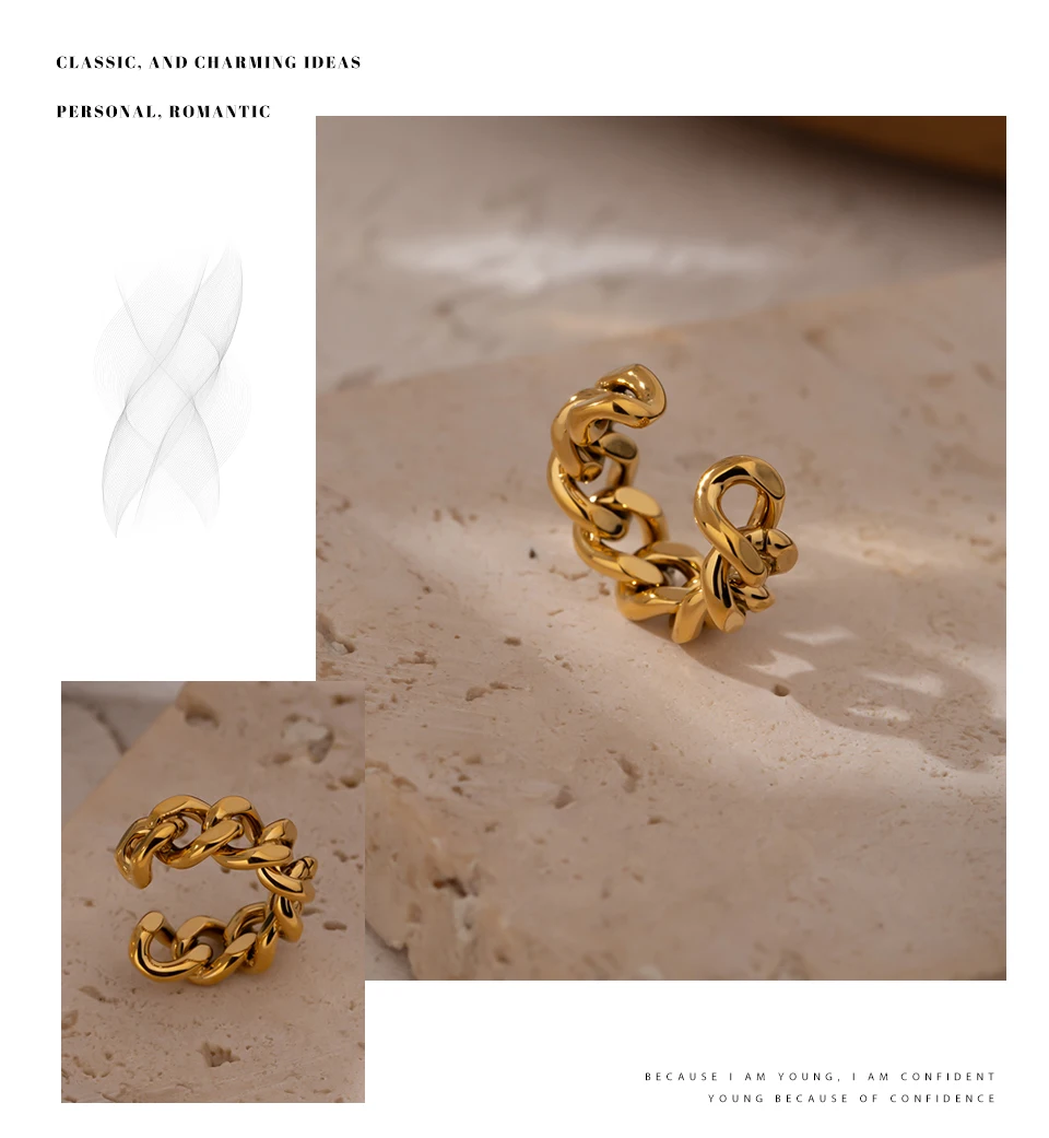 Yhpup Trendy Chain Opening Ring Stainless Steel Jewelry Statement Golden Metal Texture High Quality Finger Anillos Mujer New
