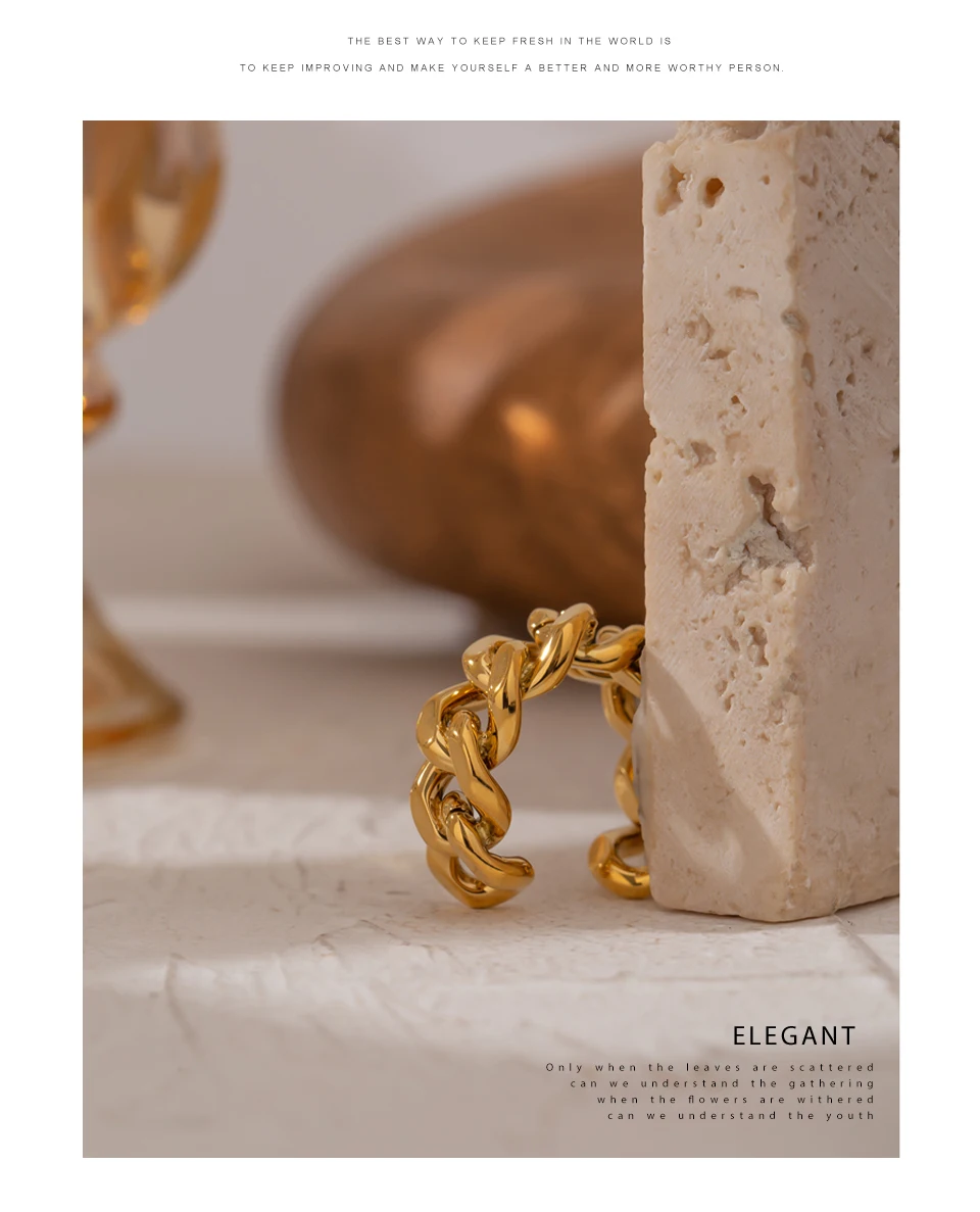 Yhpup Trendy Chain Opening Ring Stainless Steel Jewelry Statement Golden Metal Texture High Quality Finger Anillos Mujer New