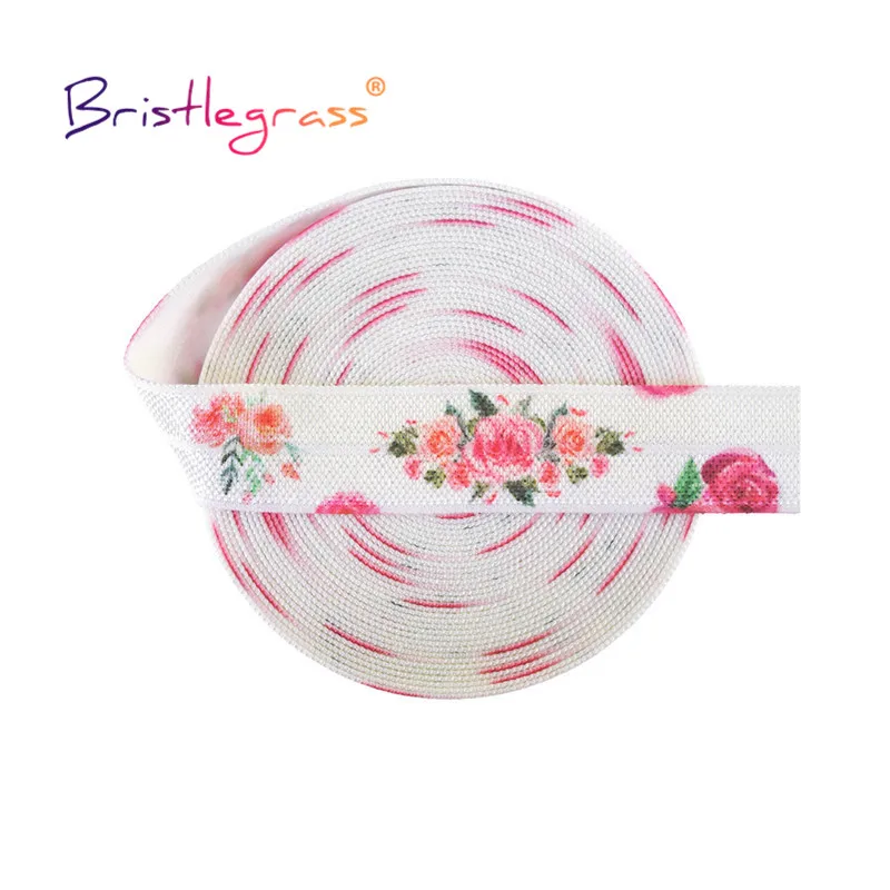 BRISTLEGRASS 2 5 10 Yard 5/8" 15mm Rainbow Rose Flower Floral Print Fold Over Elastic FOE Spandex Band Tape Hair Tie Sewing Trim