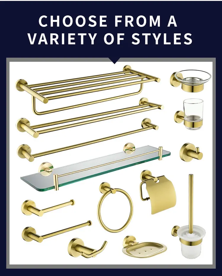 Brushed Gold Bathroom Accessories Towel Rack Toilet Brush Roll Paper Holder Towel Bar Hook Soap Dish Bathrom Hardware Wall Shelf