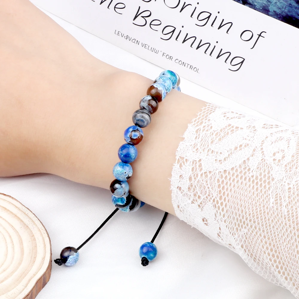 8mm Men Women Fire Agates Onyx Beads Bracelet Bangles Healing Natural Stone Chakra Prayer Charm Buddha Adjustable Jewelry Gifts